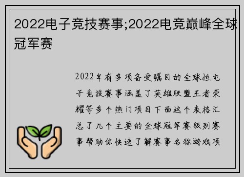 2022电子竞技赛事;2022电竞巅峰全球冠军赛